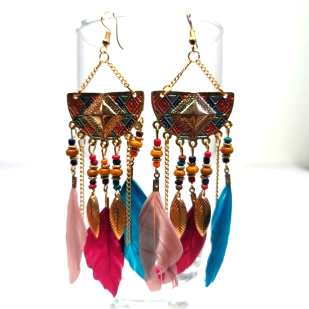 Dream Catcher Earrings Blue Pink and Purple Feathers and Gold NWOT